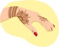 Indian style mehendi painting for wedding on woman hand with red nail polish, henna art in arabic culture for Ramadan Royalty Free Stock Photo