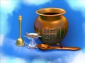 3D drawing of Indian style vintage Brass utensils with worship pots. Royalty Free Stock Photo