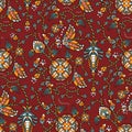 Indian stylized flowers and leaves. Seamless pattern. Floral paisley folck vector background using boteh or buta. Royalty Free Stock Photo