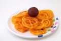 Indian sweet or dessert jalebi with kala gulab jamun