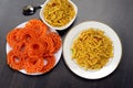 Indian sweet Jalebi or Imarti and Farsan or Chivda, Top view Royalty Free Stock Photo