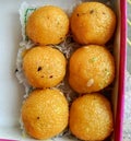 Indian Sweet "Motichoor Ladoo" in box Royalty Free Stock Photo