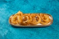 indian sweets deep fired jalebi, jilipi, jilabi served in a dish isolated on background top view Royalty Free Stock Photo