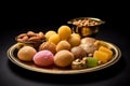 Indian sweets in a plate includes Gulab Jamun, Rasgulla, kaju katli, morichoor Bundi Laddu, Gujiya or Karanji for diwali