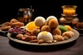 Indian sweets in a plate includes Gulab Jamun, Rasgulla, kaju katli, morichoor Bundi Laddu, Gujiya or Karanji for diwali