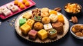 Indian sweets served wooden plate, indian meal looks delicious