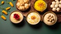 Indian sweets served wooden plate, indian meal looks delicious