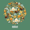 Indian symbols in round frame composition, vector illustration. Popular travel destination in Asia, exotic country