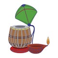 Indian tabla drum with kite and oil candle blue lines