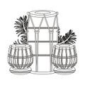 Indian tabla drums with leaves in black and white