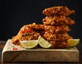Indian takeaway food, spicy onion bhajis served with chili yoghurt dip and lime wedges on wooden board Royalty Free Stock Photo