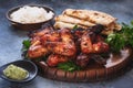 Indian tandoori chicken wings served with pilau rice and garlic naan