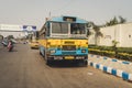 Indian Tata bus front view, driver a