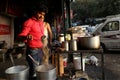 Indian tea shop keeper preparing tea. on mini bypaas bareilly