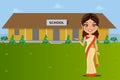 An Indian teacher standing in front of a rural indian school - Vector