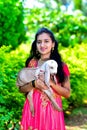 Indian Teen Age Girl Holding Baby Goat In His HAND Smiley Face