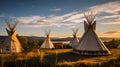 Indian teepees stand in native american encampment at sunset.