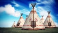 Indian tents on grass field against blue sky. 3D illustration Royalty Free Stock Photo