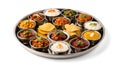 Indian Thali Platter: A Colorful Array of Curries, Rice, and Breads on a Silver Tray Royalty Free Stock Photo