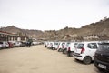 Indian and tibetan people walking and stop car go to center grocery bazaar market Leh Ladakh village at Himalayan valley on March Royalty Free Stock Photo