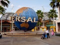 An Indian tourist family at the largely deserted Universal Studio theme park in Resort World Sentosa, Singapore Royalty Free Stock Photo