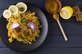 Biryani with chicken. Traditional Indian dish of rice and chicken, with spices and lemon. Royalty Free Stock Photo