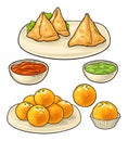 Indian traditional food. Samosa and ladoo. Vector color engraving