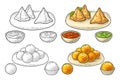 Samosa on board with sauces in bowl. Vector color engraving