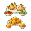 Indian traditional food. with sauces in bowl. Vector color engraving