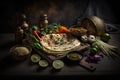 Indian Traditional Food Thali or Chiwda with ingredients on dark background