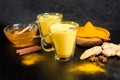 Indian traditional Golden milk with turmeric, ginger, spices, honey. healing effect of the drink. ingredients for a Golden drink