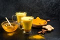 Indian traditional Golden milk with turmeric, ginger, spices, honey. healing effect of the drink. ingredients for a Golden drink