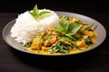 Indian traditional meal with rice, curry, chicken and herbs served in plate. Oriental menu