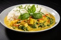 Indian traditional meal with rice, curry, chicken and herbs served on plate