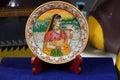 Indian Traditional Paintings - Miniature Painting of a woman on clay plate. Indian queen, princess portrait with pigeon bird -