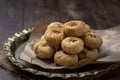 Indian traditional sweet balushahi served on a metal plate on wooden background Royalty Free Stock Photo