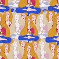 Indian traditional women sitting in yoga mudra and seamless pattern