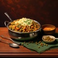 Indian Traditions: Glorious Curry With Relish On A Wooden Table