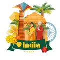 Indian travel colorful template with indian icons. I love India. Vector illustration in retro style