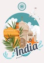 Indian travel colorful template with traditional buildings. India. Vector illustration in retro style