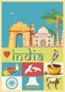 Indian travel colorful template with traditional indian icons. India. Vector illustration in retro style