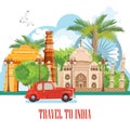 Indian travel colorful template. Travel to India. I love India. Vector illustration in retro style