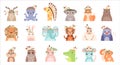 Indian tribal animal faces set. Fox, bear, octopus, elephant, sheep, crocodile, lion cute animals boho characters vector