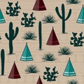 Indian tribal background. Simple flat wigwam, cactus, and grass. Seamless pattern landscape. Minimalist design. Cartoon illustrati Royalty Free Stock Photo