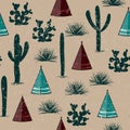 Indian tribal background. Simple flat wigwam, cactus, and grass. Seamless pattern landscape. Minimalist design. Cartoon illustrati Royalty Free Stock Photo