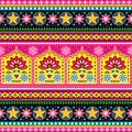 Indian truck art floral seamless folk art pattern, Pakistani Jingle trucks vector design, vivid ornament with lotus flowers and a