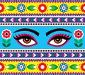 Indian truck art vector seamless pattern with Kali godess eyes and flowers - long vertical design