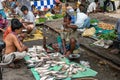 An Indian unidentified fisherman selling fresh fish at the street next to the road at the local market in Kolkata, India on