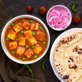 Indian vegetarian meal - matar paneer and roti with pickled onions