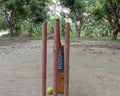 An Indian village cricket ground with three stumps, a bat and a tennis ball Royalty Free Stock Photo